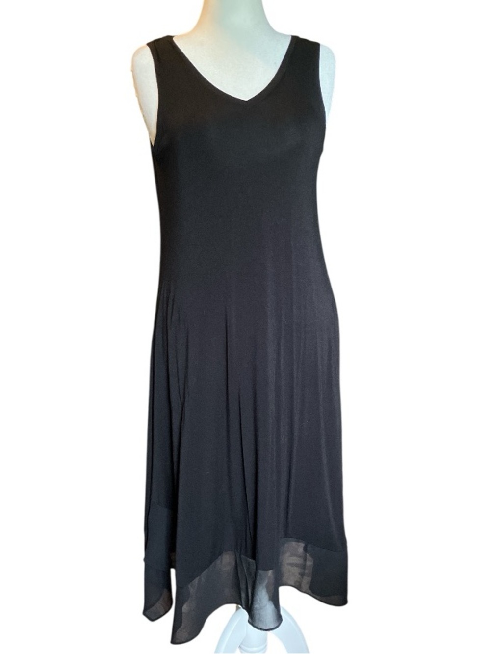 LOGO Simple Black Dress with Sheer Handkerchief Hem
